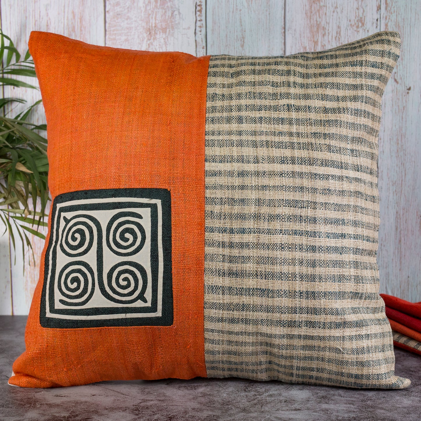 Hemp Cushion Cover in Orange - H'mong pattern, handwoven fabric stripes, handmade 100%