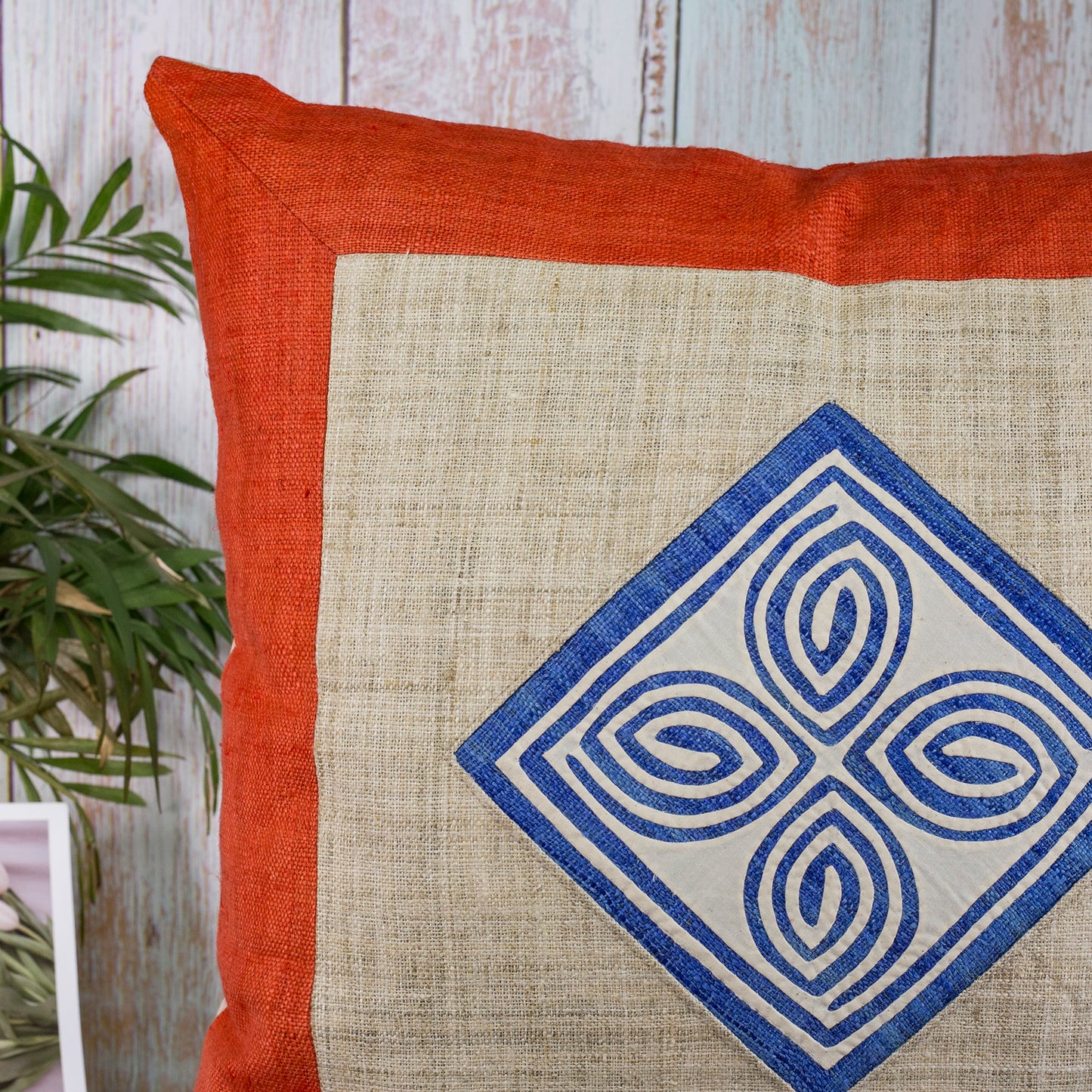 Hemp Cushion Cover in Red- 100% handmade, beige hemp at center
