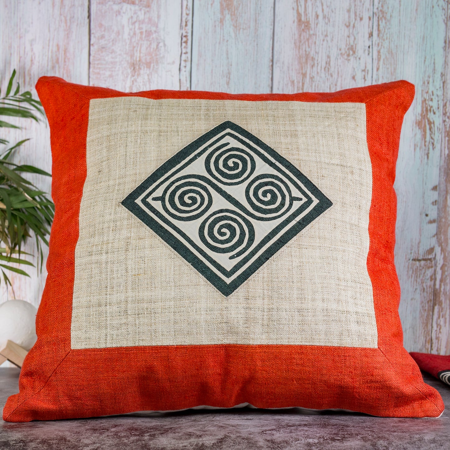 Hemp Cushion Cover in Red- 100% handmade, beige hemp, black and white pattern at center