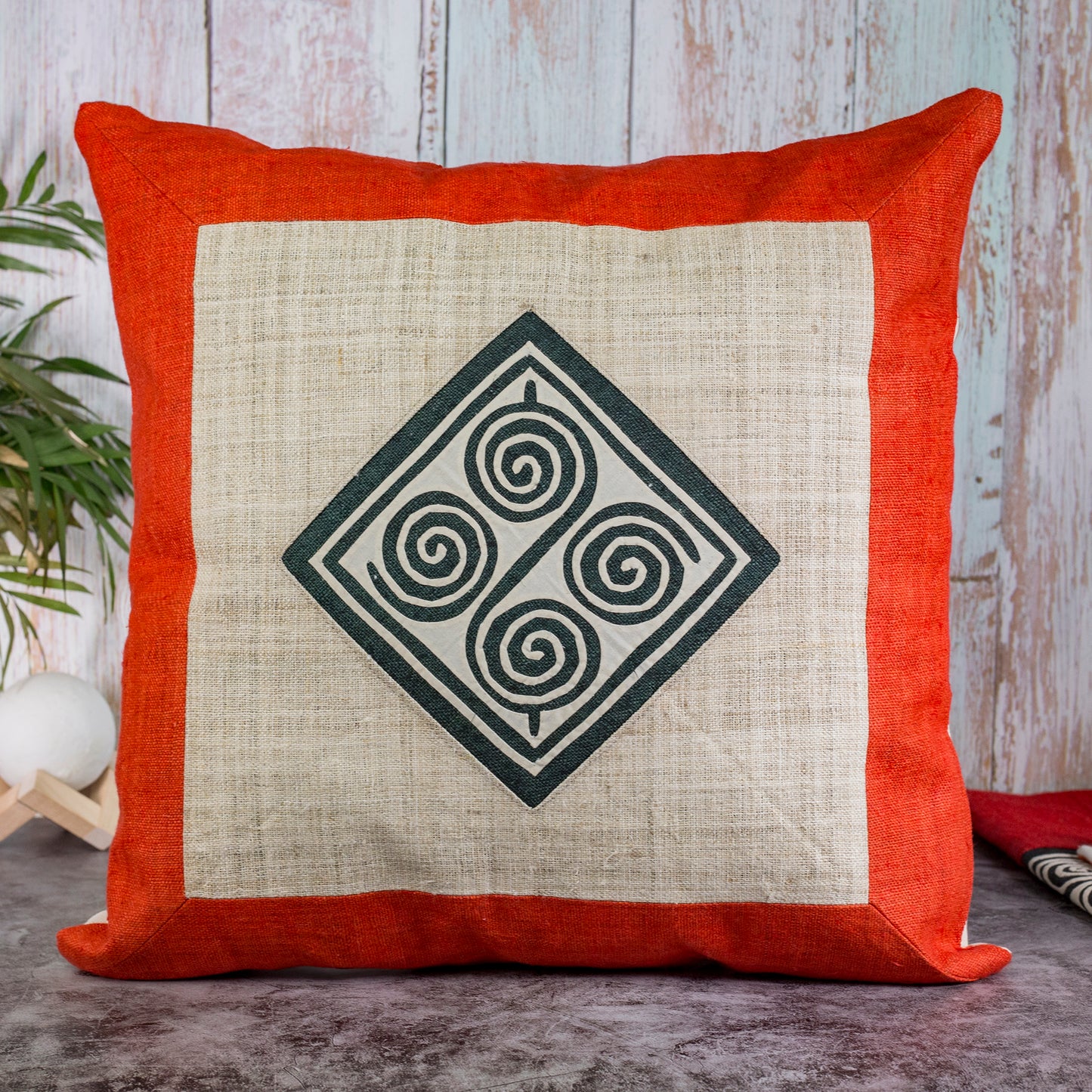 Hemp Cushion Cover in Red- 100% handmade, beige hemp, black and white pattern at center