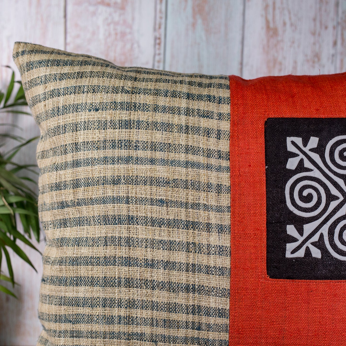 Hemp Cushion Cover in Red - H'mong pattern, handwoven fabric stripes, handmade 100%
