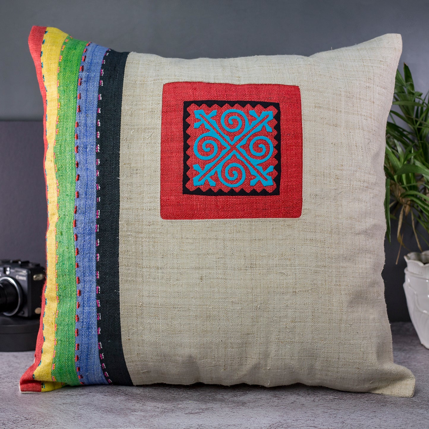 Beige Hemp Cushion Cover with stripes in different colors, hand-stitches on the front