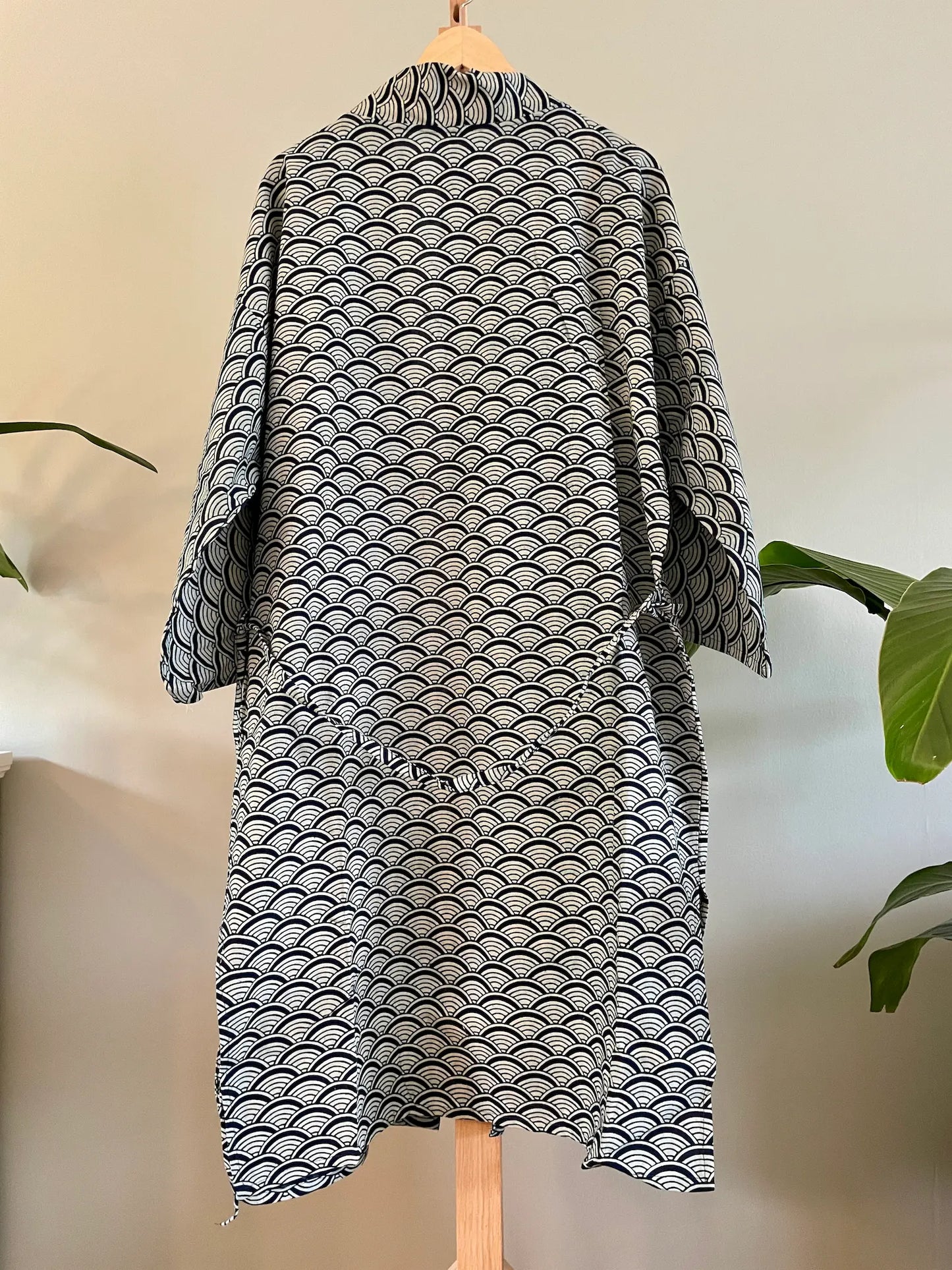 Indigo Cotton Kimono Robe - Japanese Wave, Seigaiha pattern