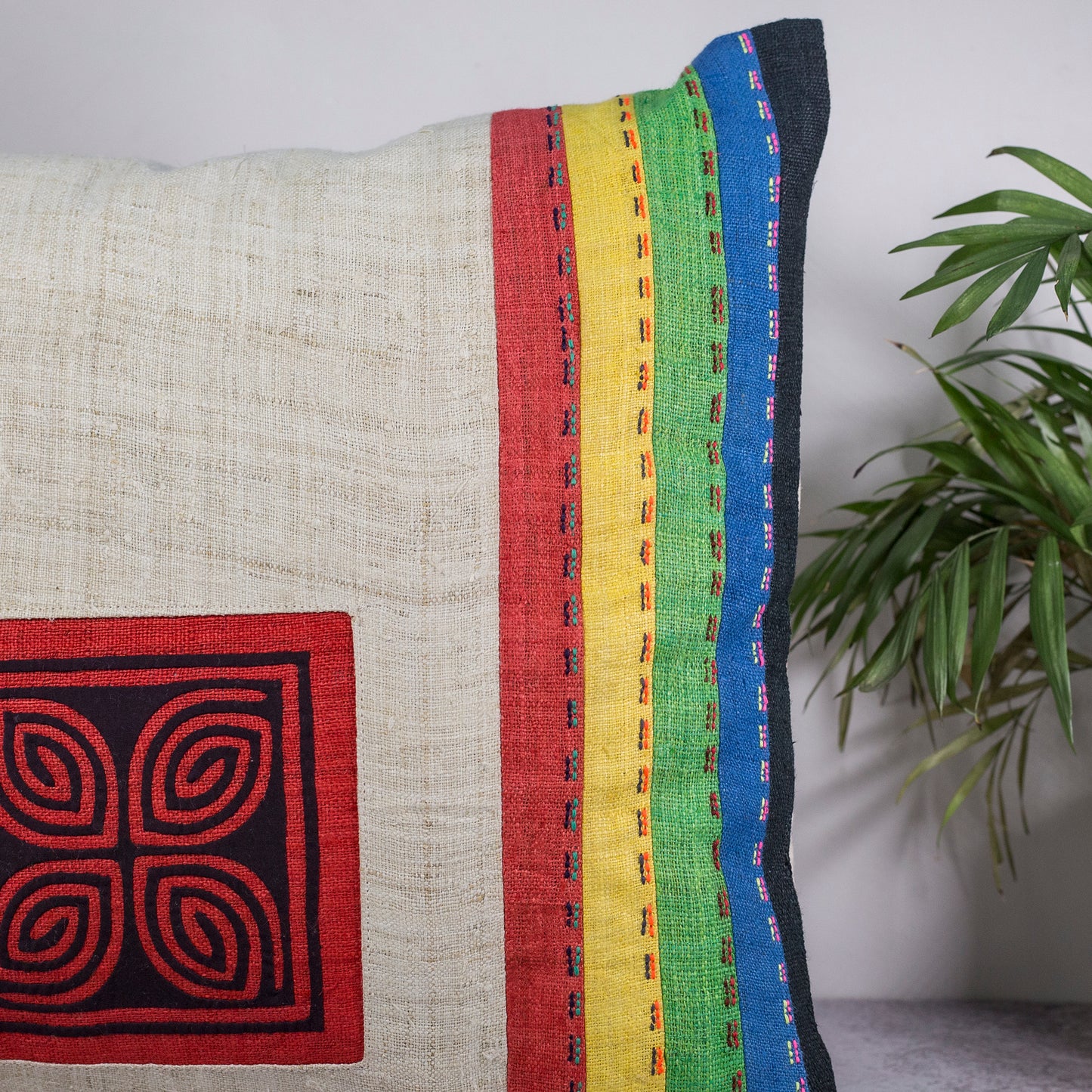 Beige Hemp Cushion Cover with stripes in different colors, hand-stitched pattern in black and red