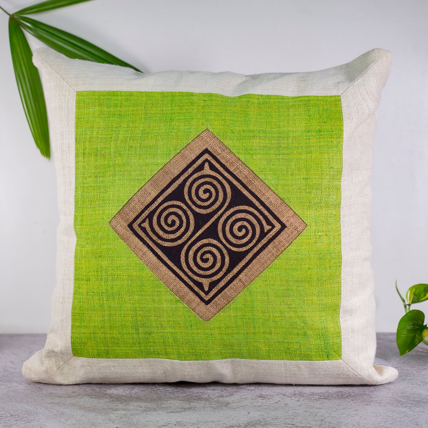 Hemp Cushion Cover in Beige- 100% handmade, green hemp, black and brown pattern at center