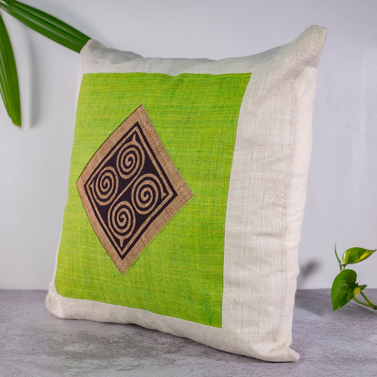 Hemp Cushion Cover in Beige- 100% handmade, green hemp, black and brown pattern at center