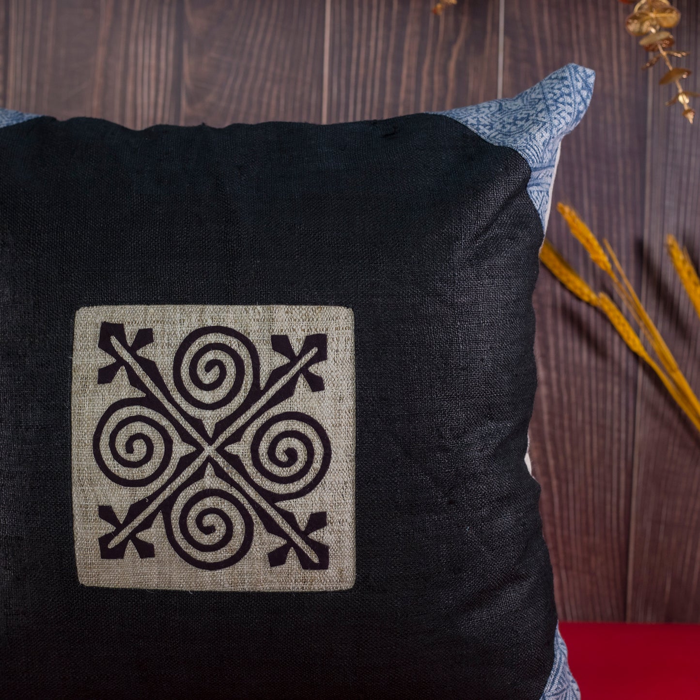 Black hemp Cushion Cover, beeswax batik corner, white hand-embroidered patch