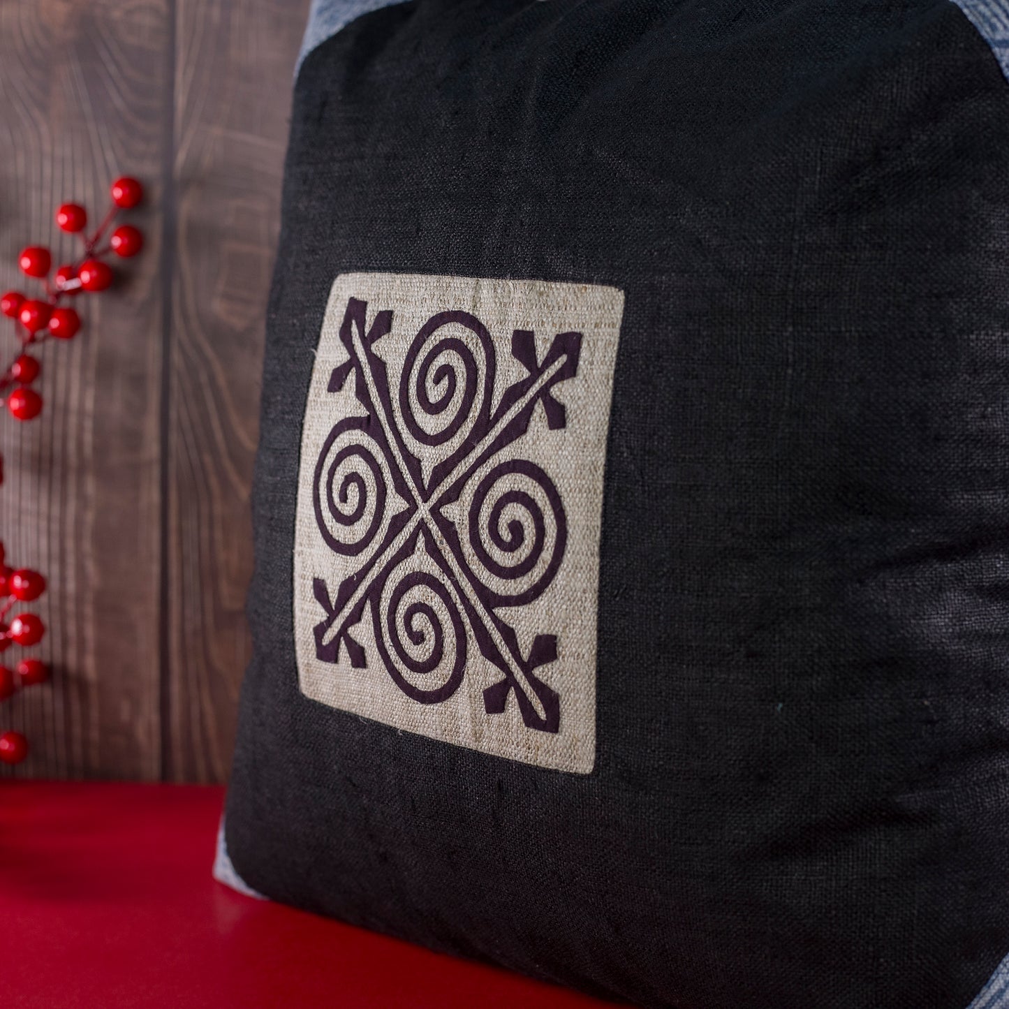 Black hemp Cushion Cover, beeswax batik corner, white hand-embroidered patch