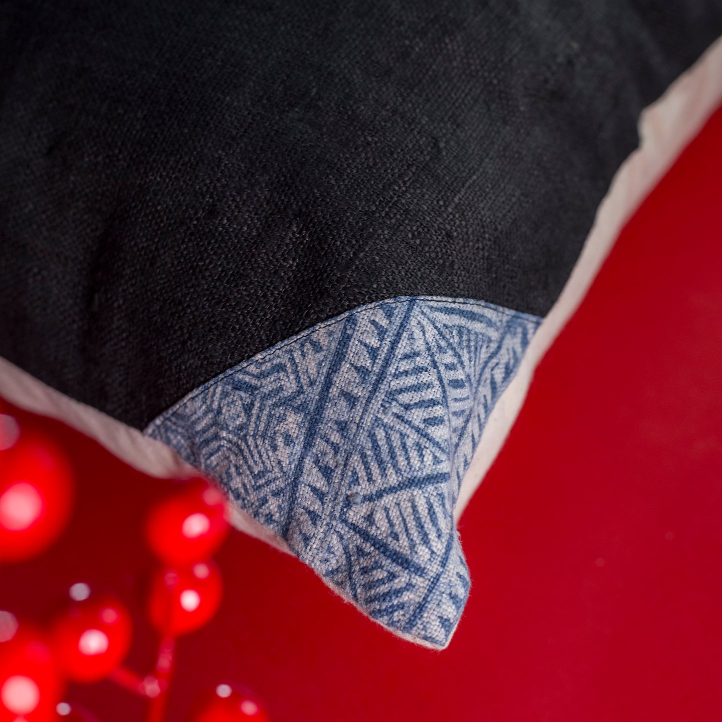 Black hemp Cushion Cover, beeswax batik corner, white hand-embroidered patch