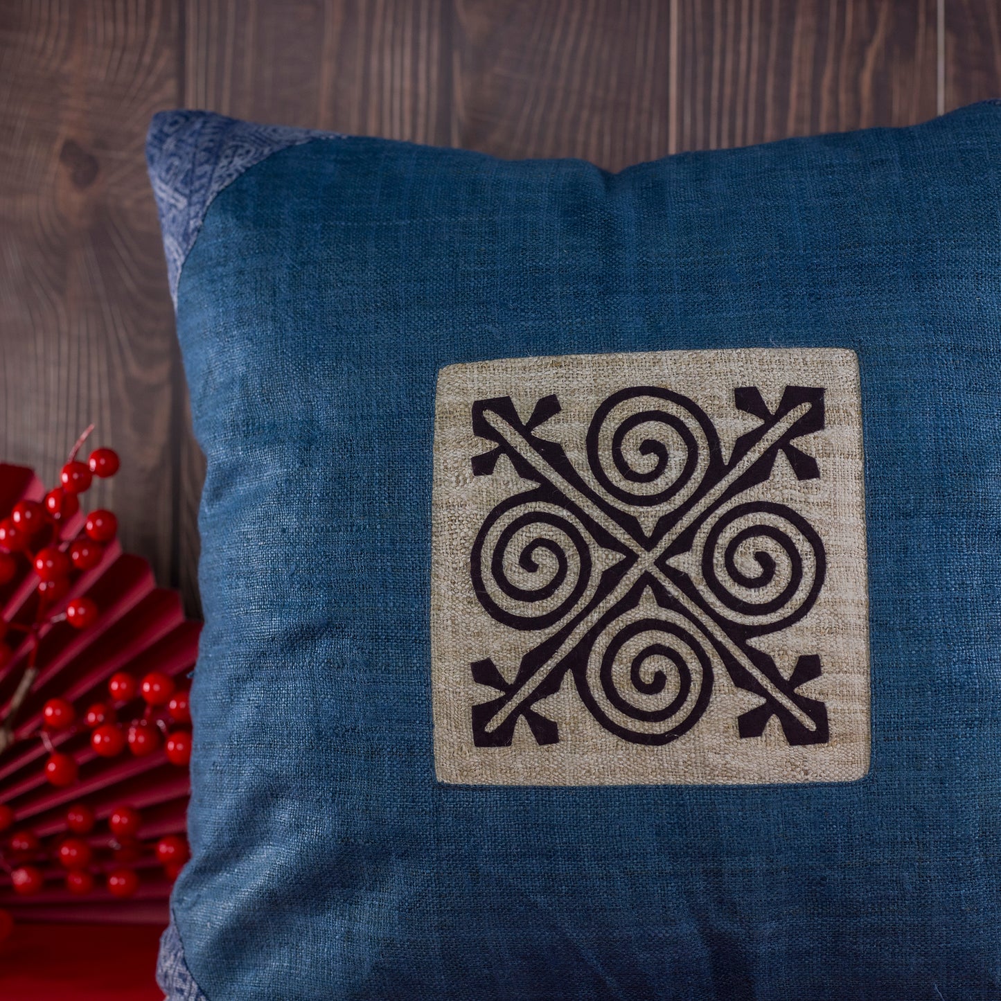 Indigo blue hemp Cushion Cover, beeswax batik corner, white hand-embroidered patch