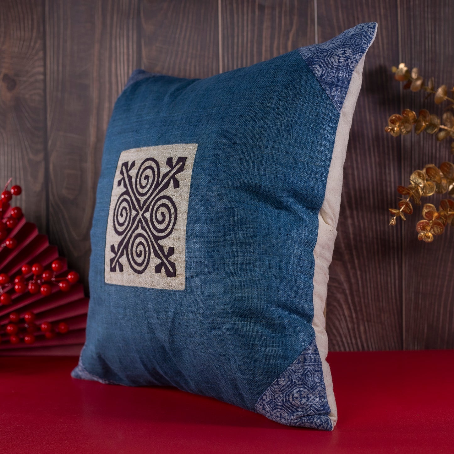 Indigo blue hemp Cushion Cover, beeswax batik corner, white hand-embroidered patch