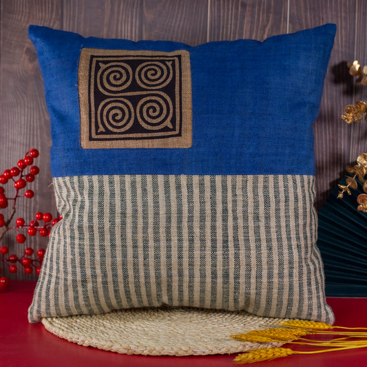 Hemp Cushion Cover in Catalina Blue - H'mong pattern, handwoven fabric stripes, handmade 100%