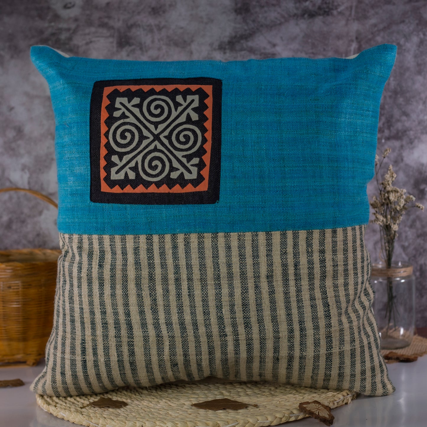 Hemp Cushion Cover in Iris Blue - H'mong pattern, handwoven fabric stripes, handmade 100%