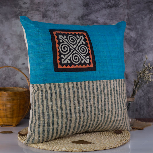 Hemp Cushion Cover in Iris Blue - H'mong pattern, handwoven fabric stripes, handmade 100%