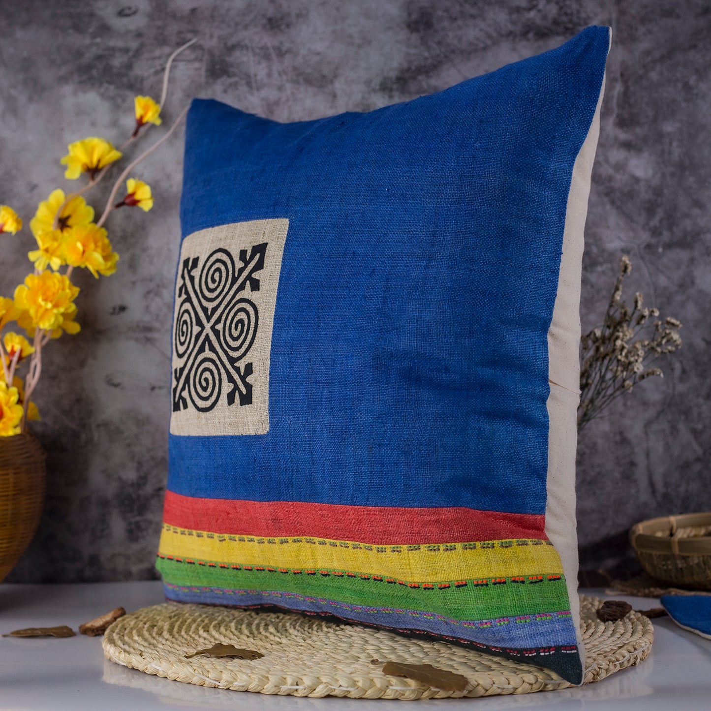 Catalina Blue Hemp Cushion Cover with stripes in different colors, hand-stitched pattern in black and white