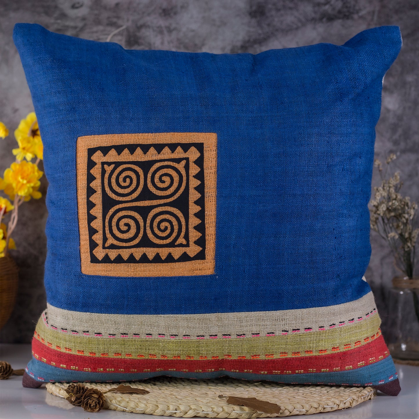Catalina Blue Hemp Cushion Cover with stripes in different colors, hand-stitched pattern in black and orange