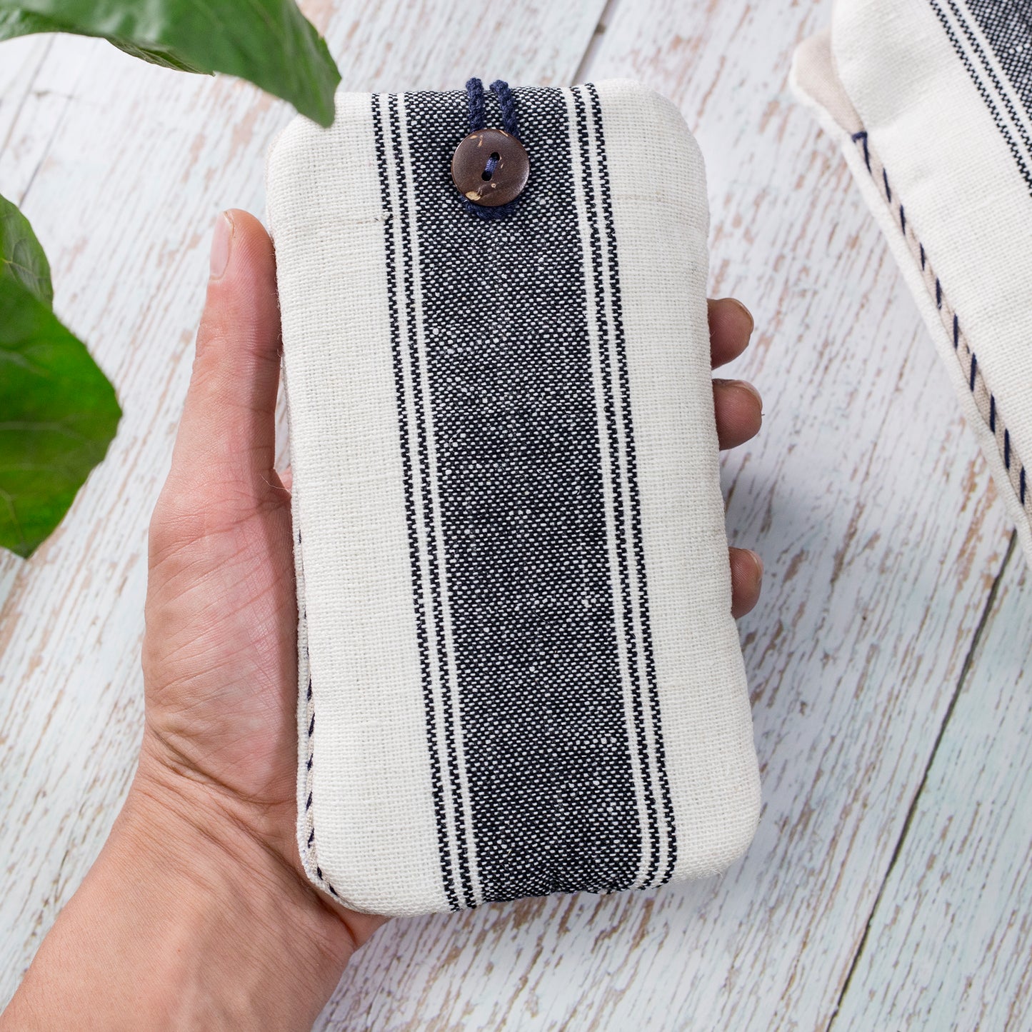 Phone case/glass case, handwoven H'mong fabric in black and white stripes, shock absorption layer