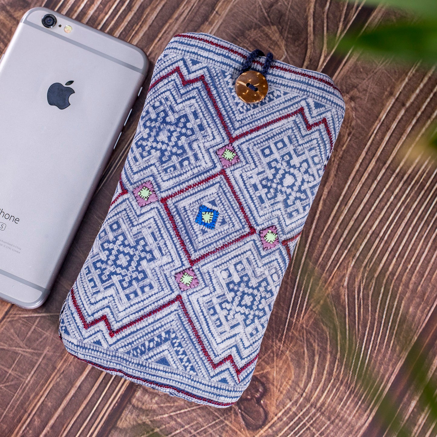 Phone case / glass case, repurposed H'mong batik fabric, shock absorption layer