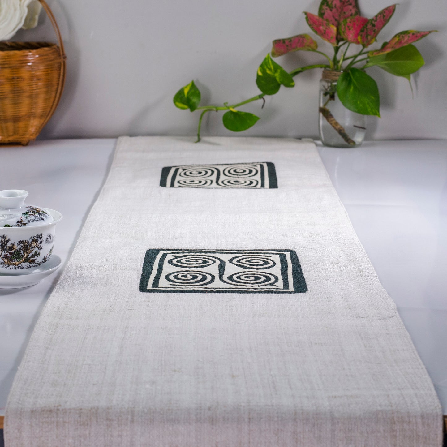 White Hemp Table Runner, unique patterns, hand-stitched details at both ends
