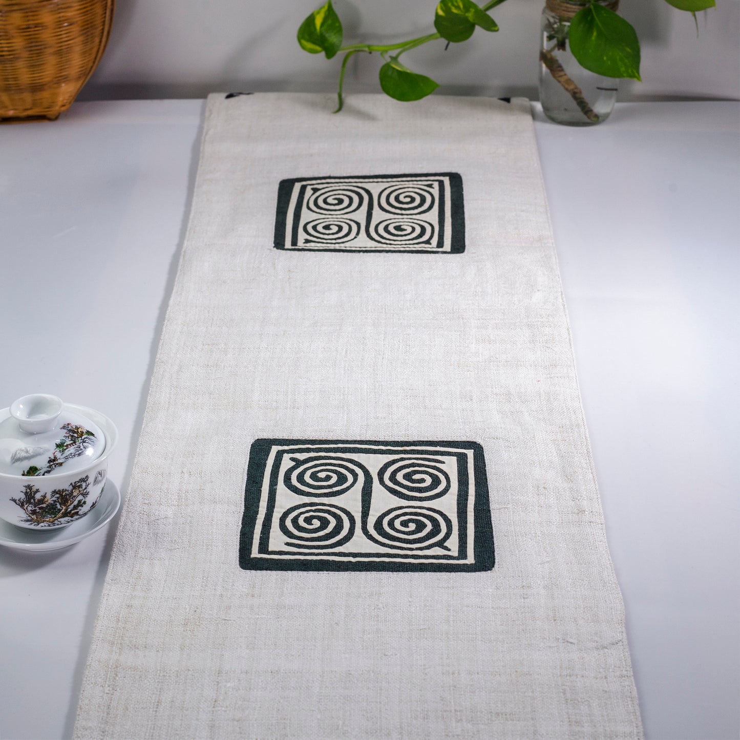 White Hemp Table Runner, unique patterns, hand-stitched details at both ends