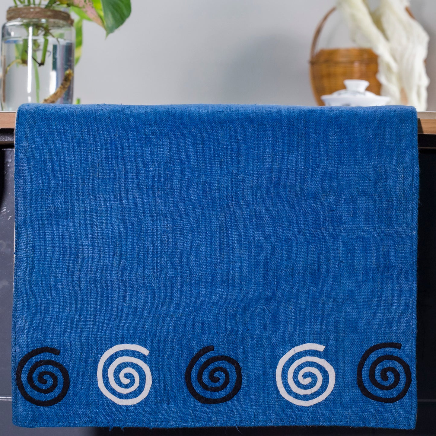 Indigo blue Hemp Table Runner, black patterns, hand-stitched details at both ends