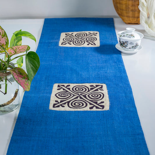 Indigo blue Hemp Table Runner, black patterns, hand-stitched details at both ends