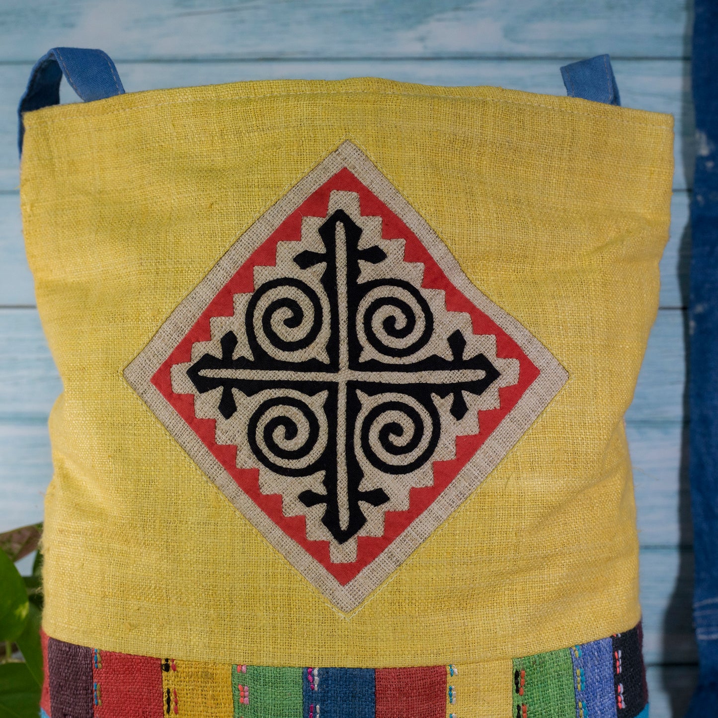 Tote bag, Handwoven Hemp, natural dye in YELLOW, H'mong pattern