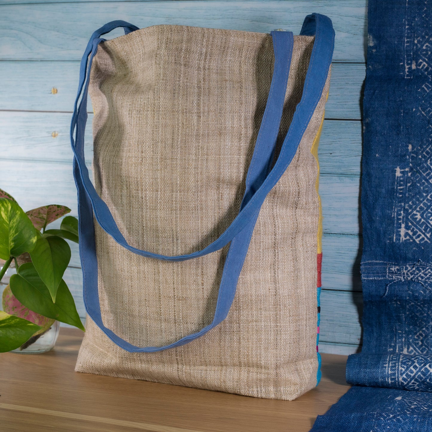 Tote bag, Handwoven Hemp, natural dye in GREEN, H'mong pattern