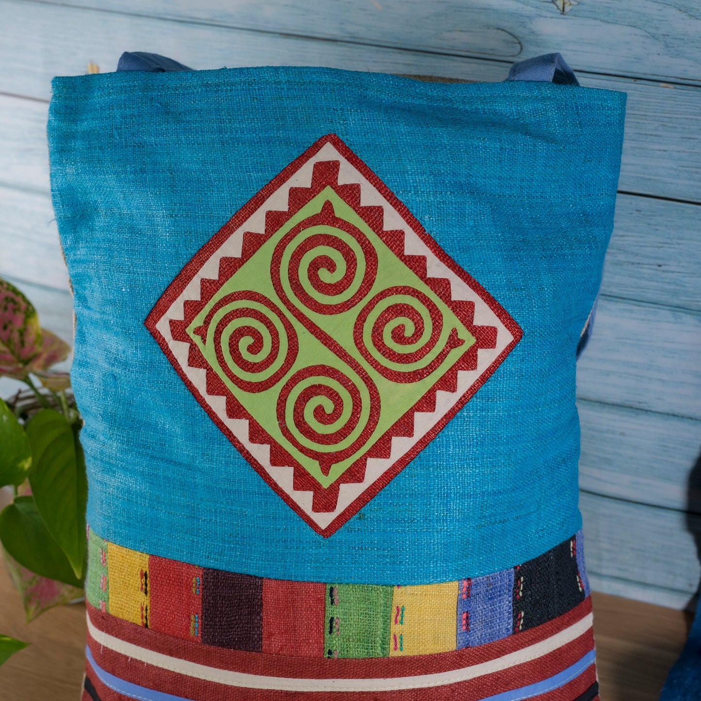 Tote bag, Handwoven Hemp, natural dye in BLUE, H'mong pattern