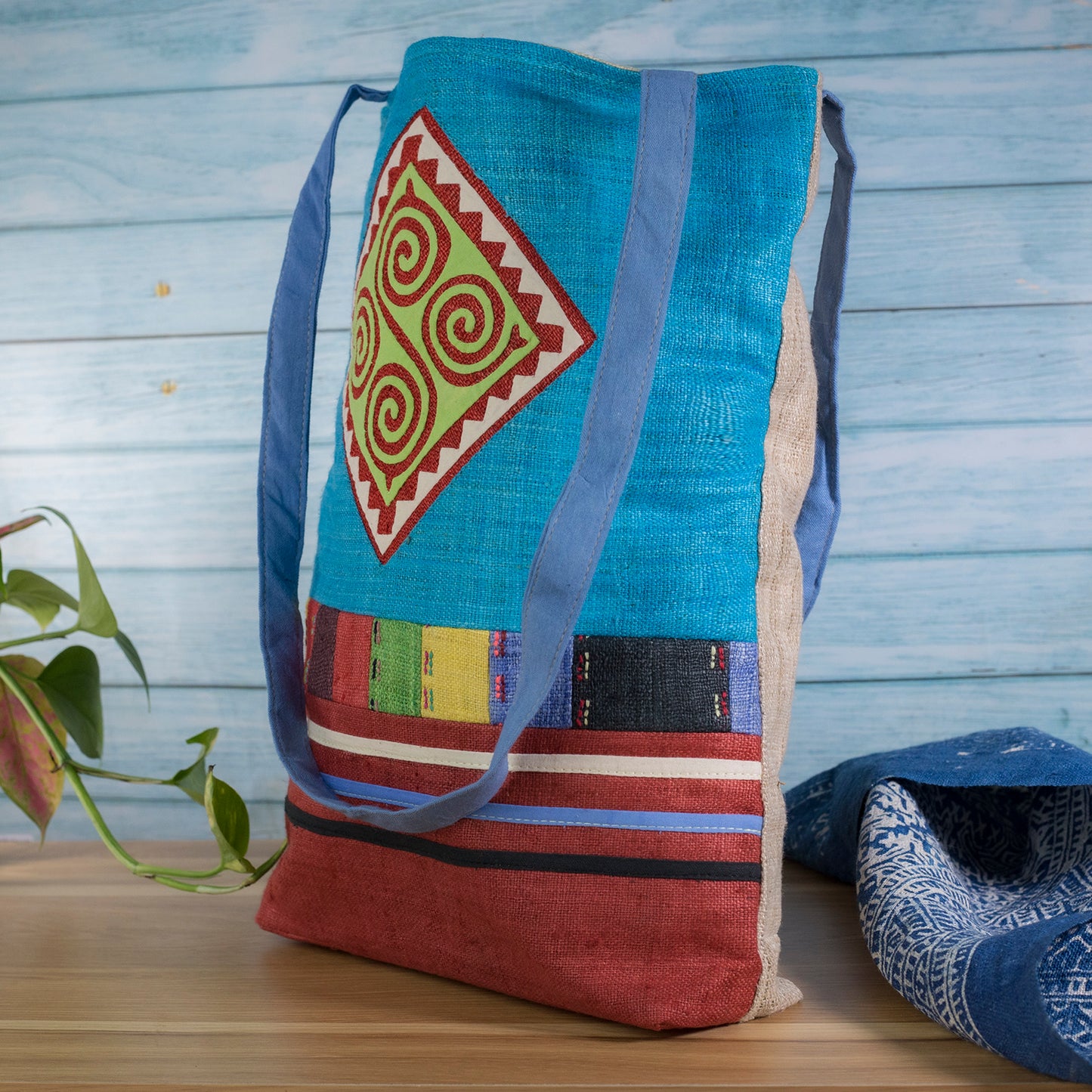 Tote bag, Handwoven Hemp, natural dye in BLUE, H'mong pattern