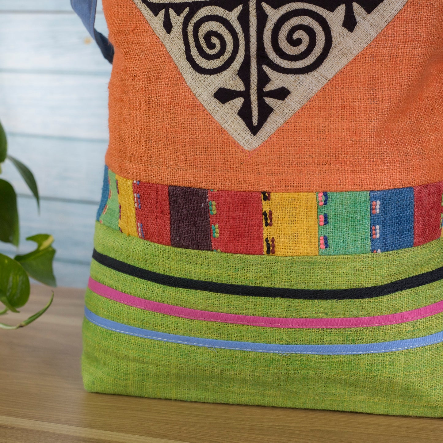 Tote bag, Handwoven Hemp, natural dye in ORANGE, H'mong pattern