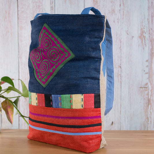 Tote bag, Handwoven Hemp, natural dye in DARK BLUE, H'mong pattern