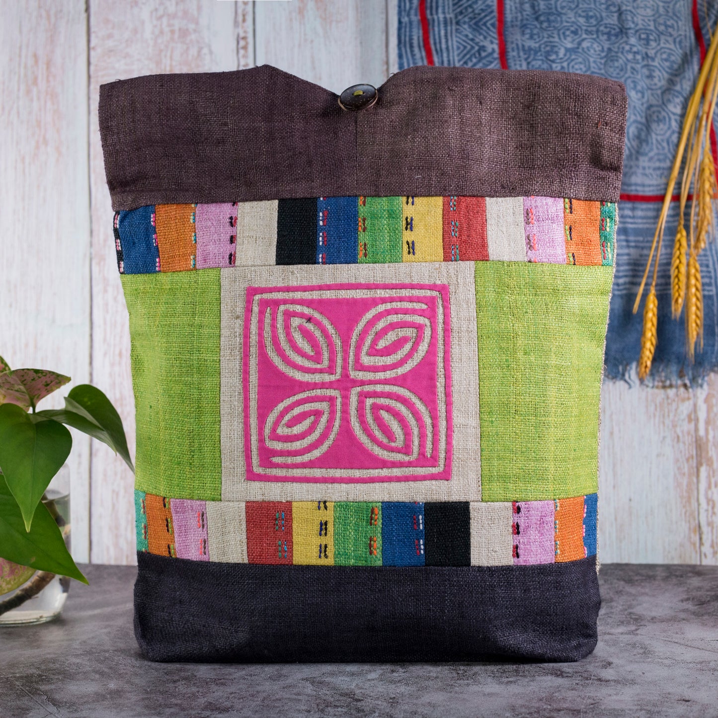 Shoulder bag in special design, Handwoven Hemp, natural dye in BROWN, H'mong pattern