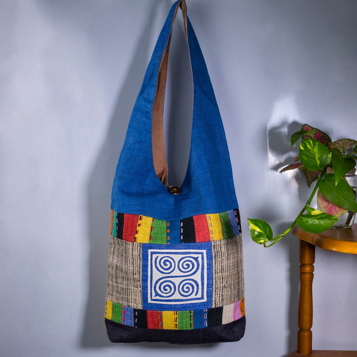 Shoulder bag special design, Handwoven Hemp, natural dye in LIGHT BLUE, H'mong pattern