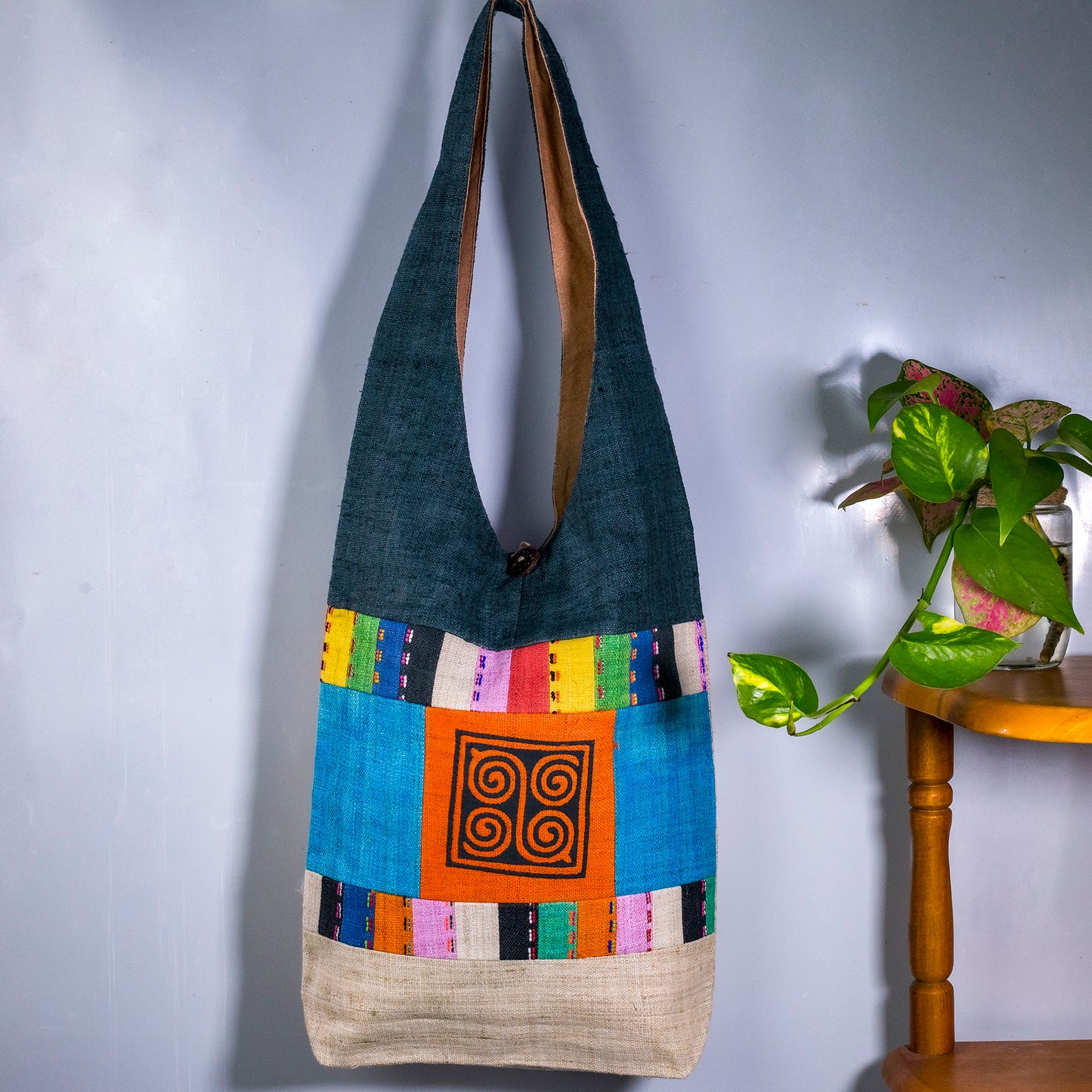 Shoulder bag in special design, Handwoven Hemp, natural dye in Turquoise BLUE, H'mong pattern
