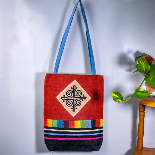 Tote bag, Handwoven Hemp, natural dye in Bordeaux Red, H'mong pattern