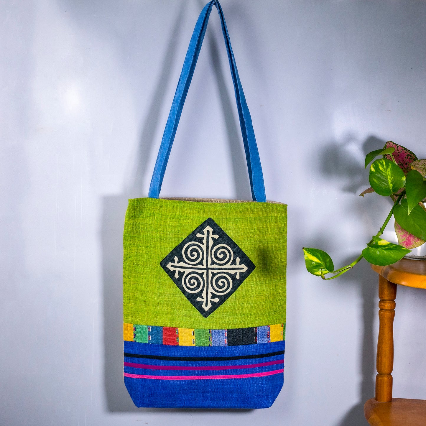 Tote bag, Handwoven Hemp, natural dye in GREEN, H'mong pattern