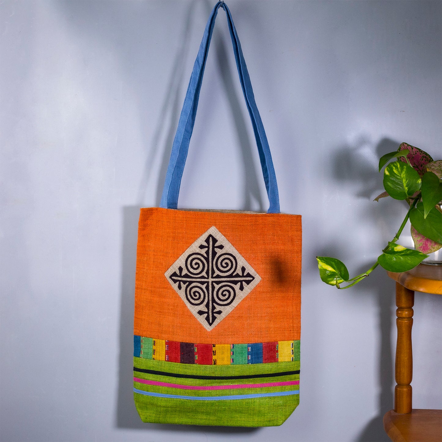 Tote bag, Handwoven Hemp, natural dye in ORANGE, H'mong pattern