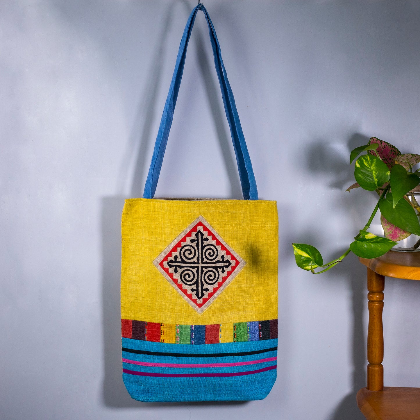 Tote bag, Handwoven Hemp, natural dye in YELLOW, H'mong pattern