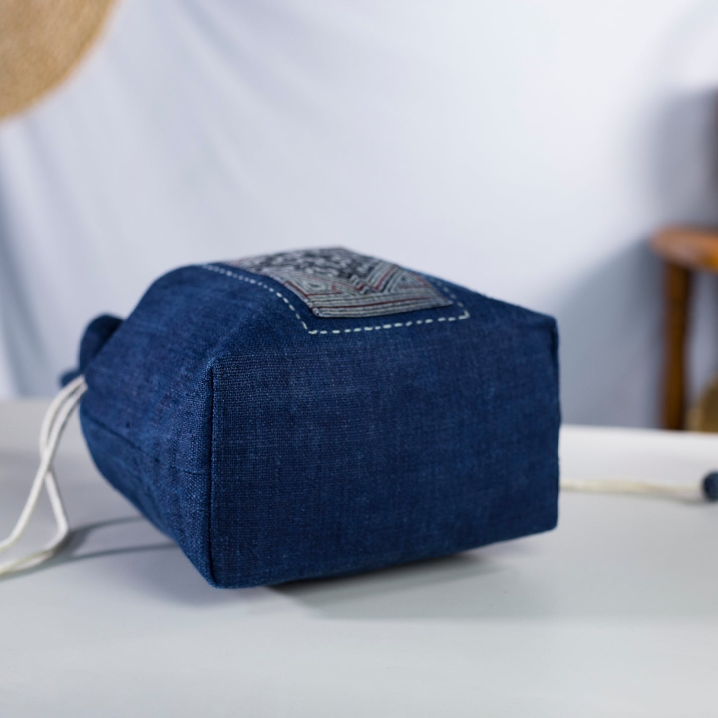 Indigo Blue drawstring hemp handbag, natural hemp and batik patch
