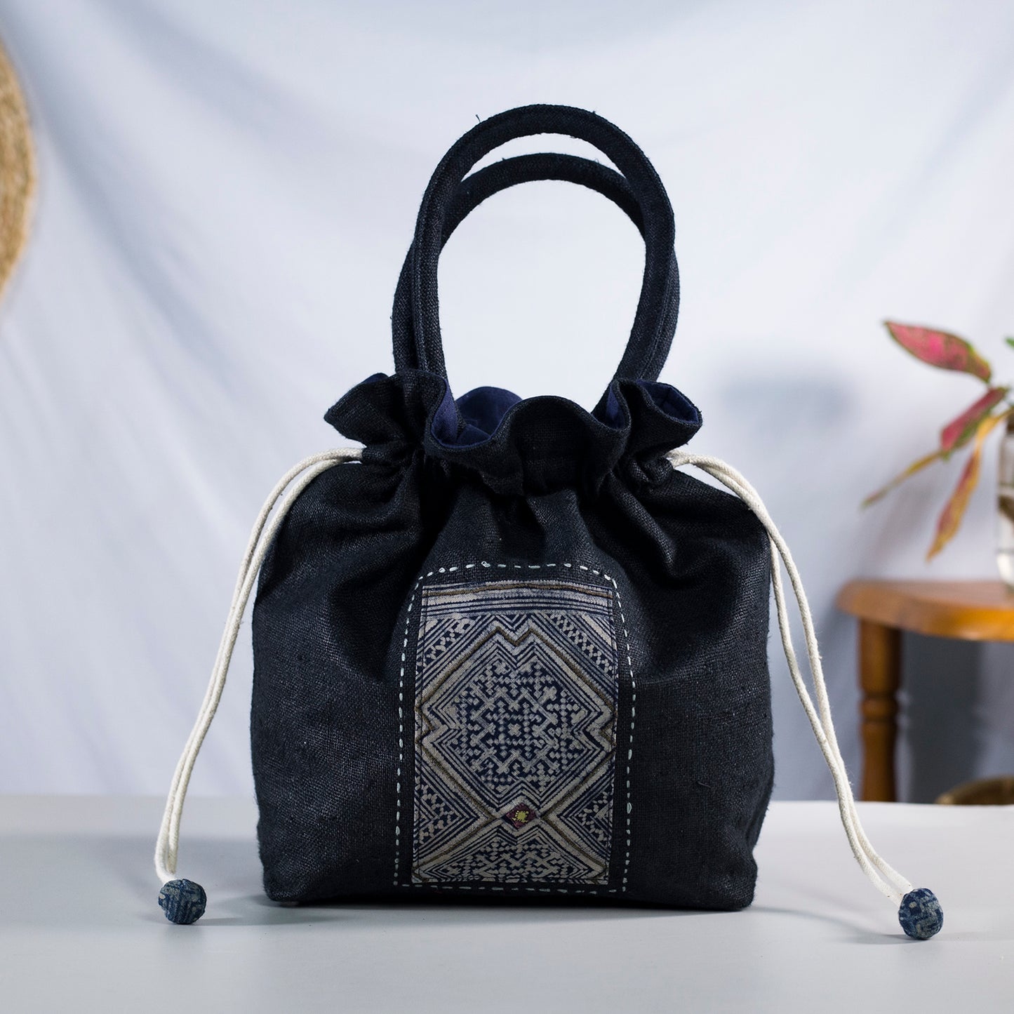 Black drawstring hemp handbag, natural hemp and batik patch