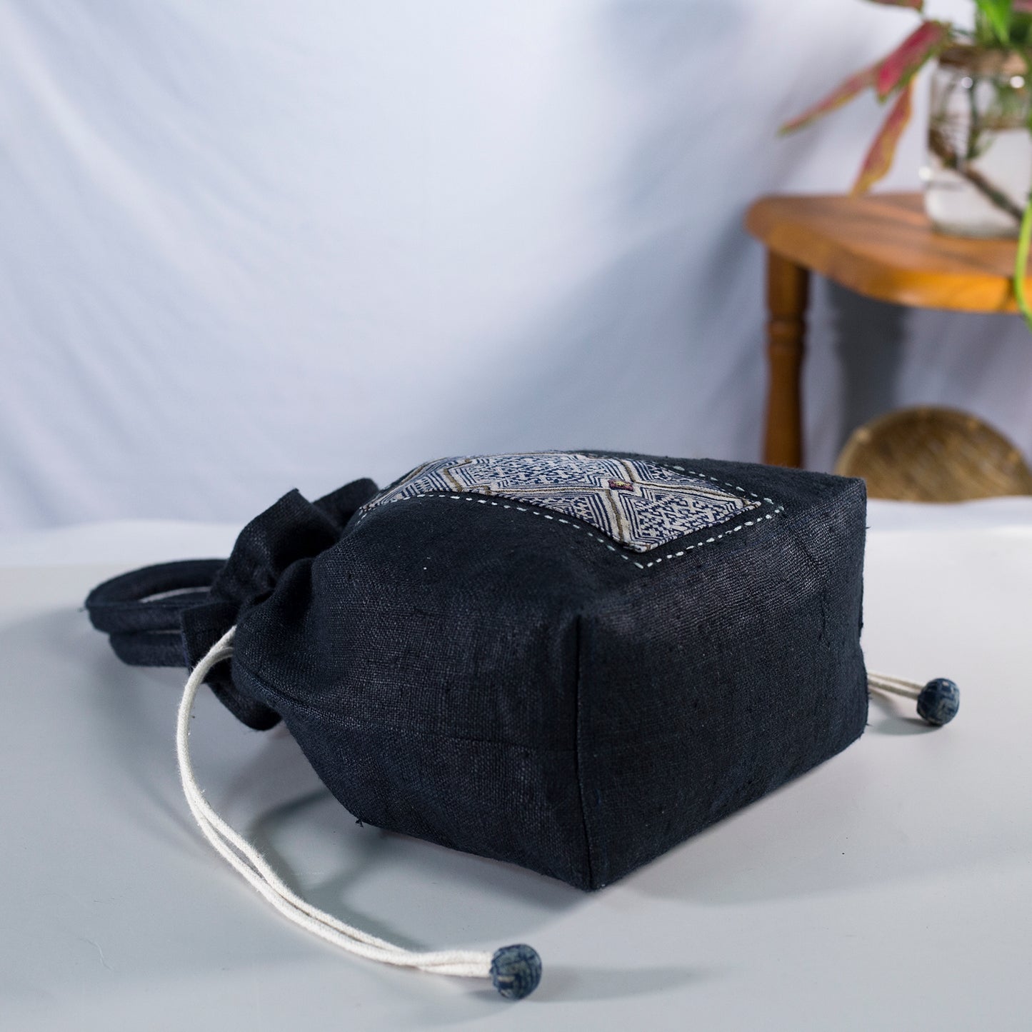 Black drawstring hemp handbag, natural hemp and batik patch