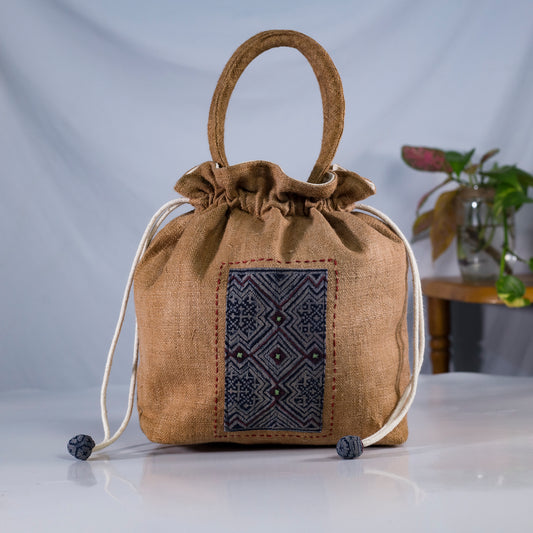 Brown drawstring hemp handbag, natural hemp and batik patch