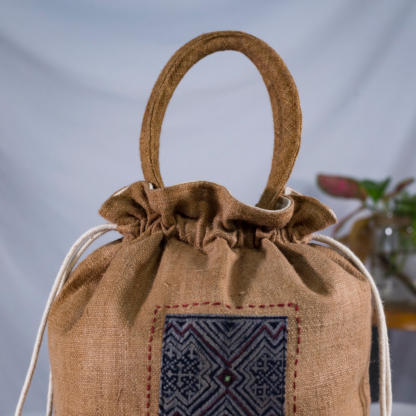 Brown drawstring hemp handbag, natural hemp and batik patch