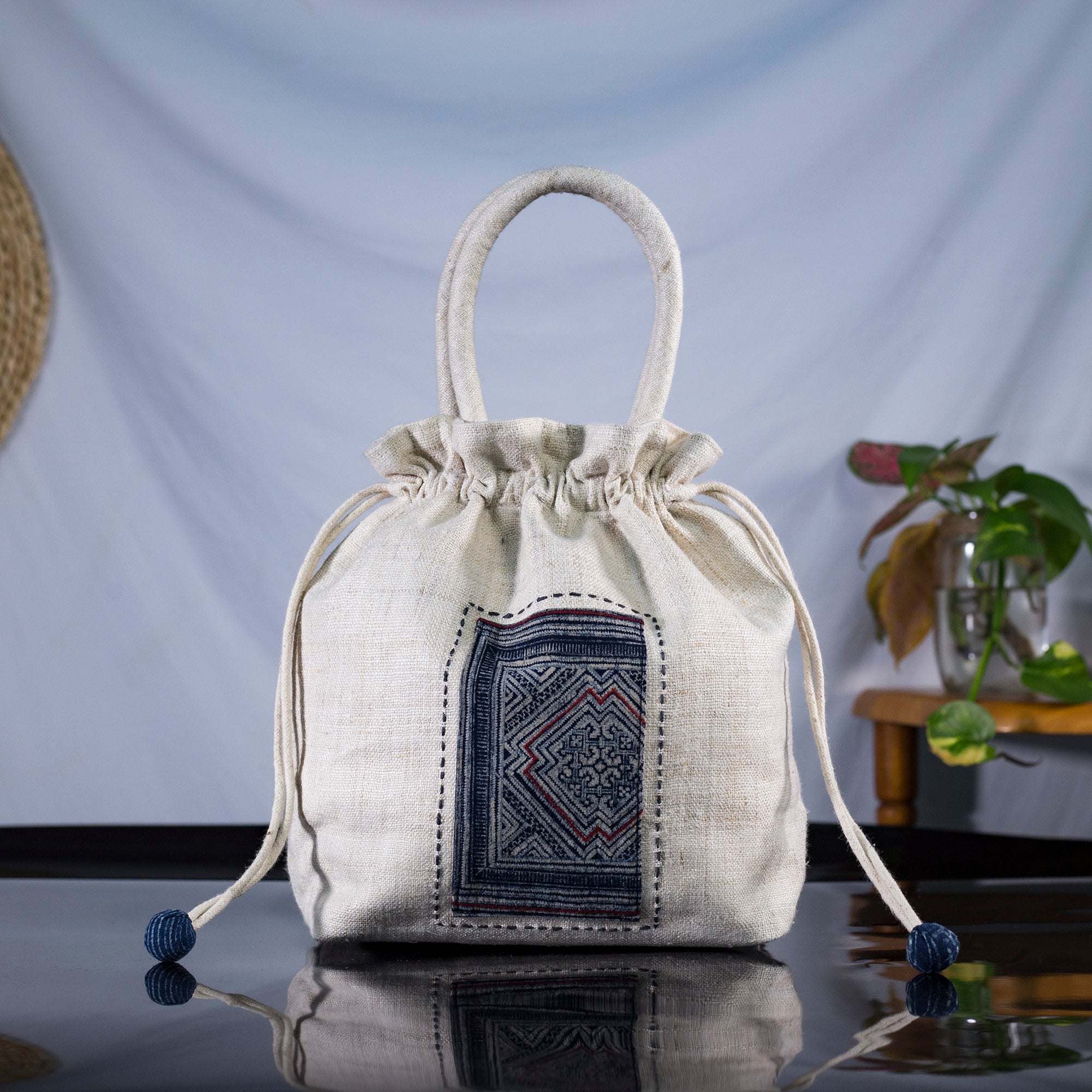 White drawstring hemp handbag natural hemp and batik patch Vindigo