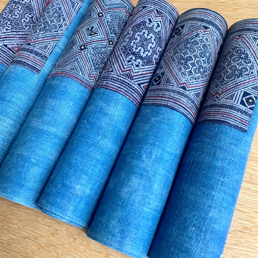 Uneven Indigo Blue hemp placemat, vintage batik indigo patch, hand-woven hemp fabrics