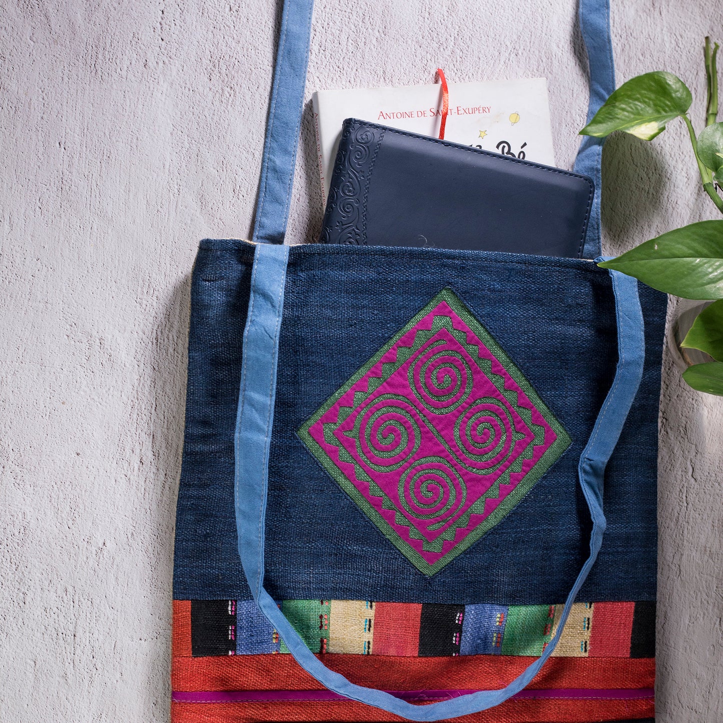 Tote bag, Handwoven Hemp, natural dye in DARK BLUE, H'mong pattern
