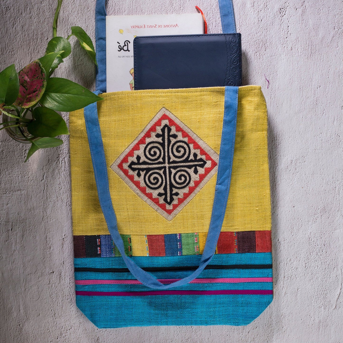 Tote bag, Handwoven Hemp, natural dye in YELLOW, H'mong pattern
