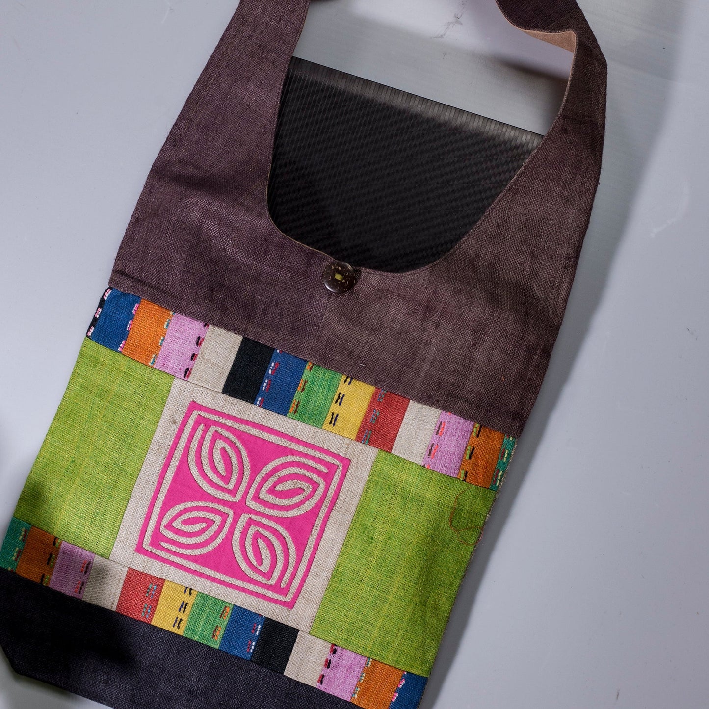 Shoulder bag in special design, Handwoven Hemp, natural dye in BROWN, H'mong pattern