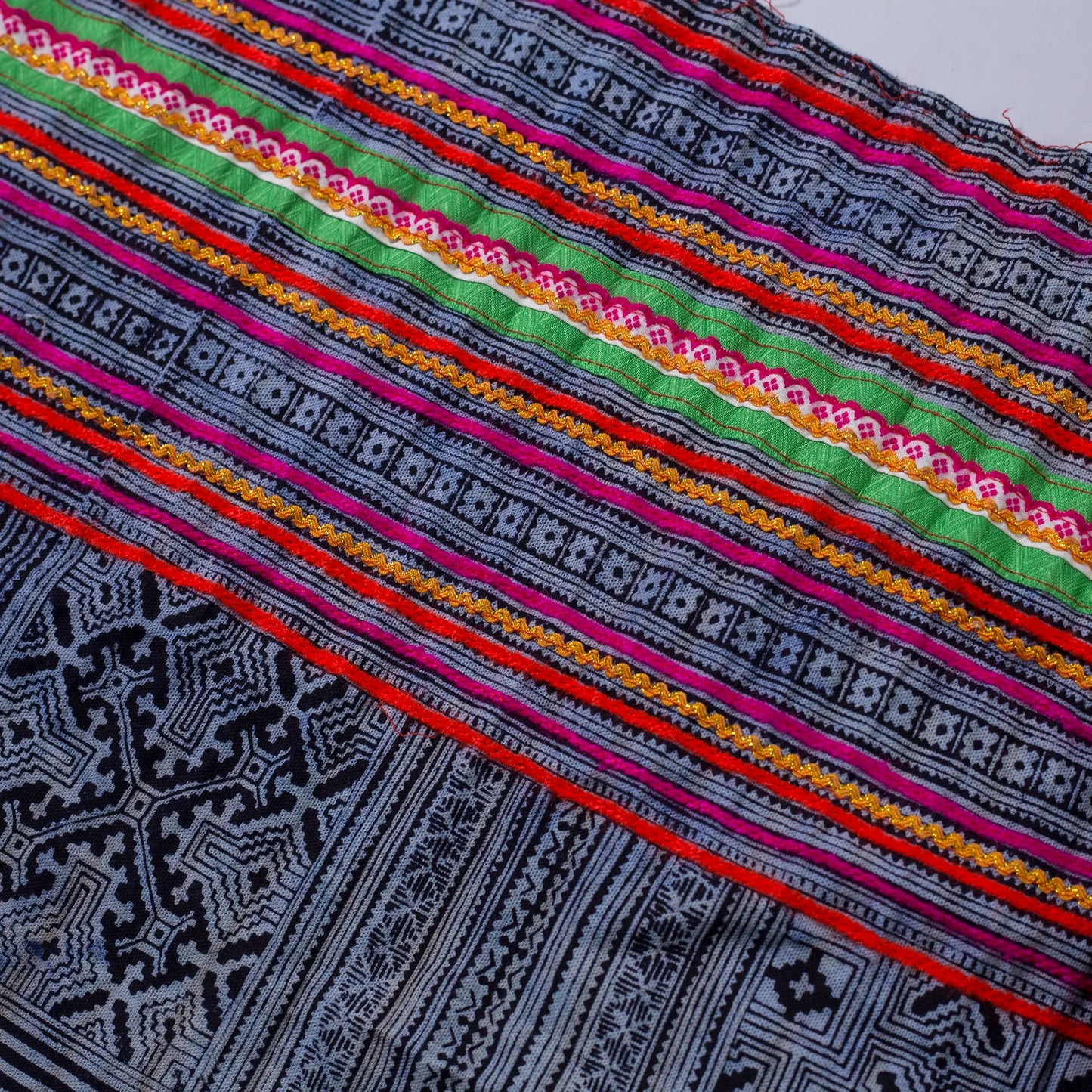Vintage indigo rolls with pink and red stripes, block print patterns